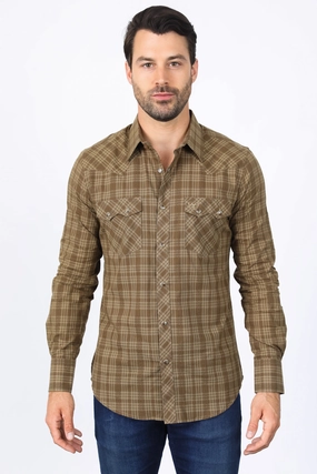 Anti Static Finish Trendy Fit Mens Western Checkered Light Brown Long Sleeve Shirts