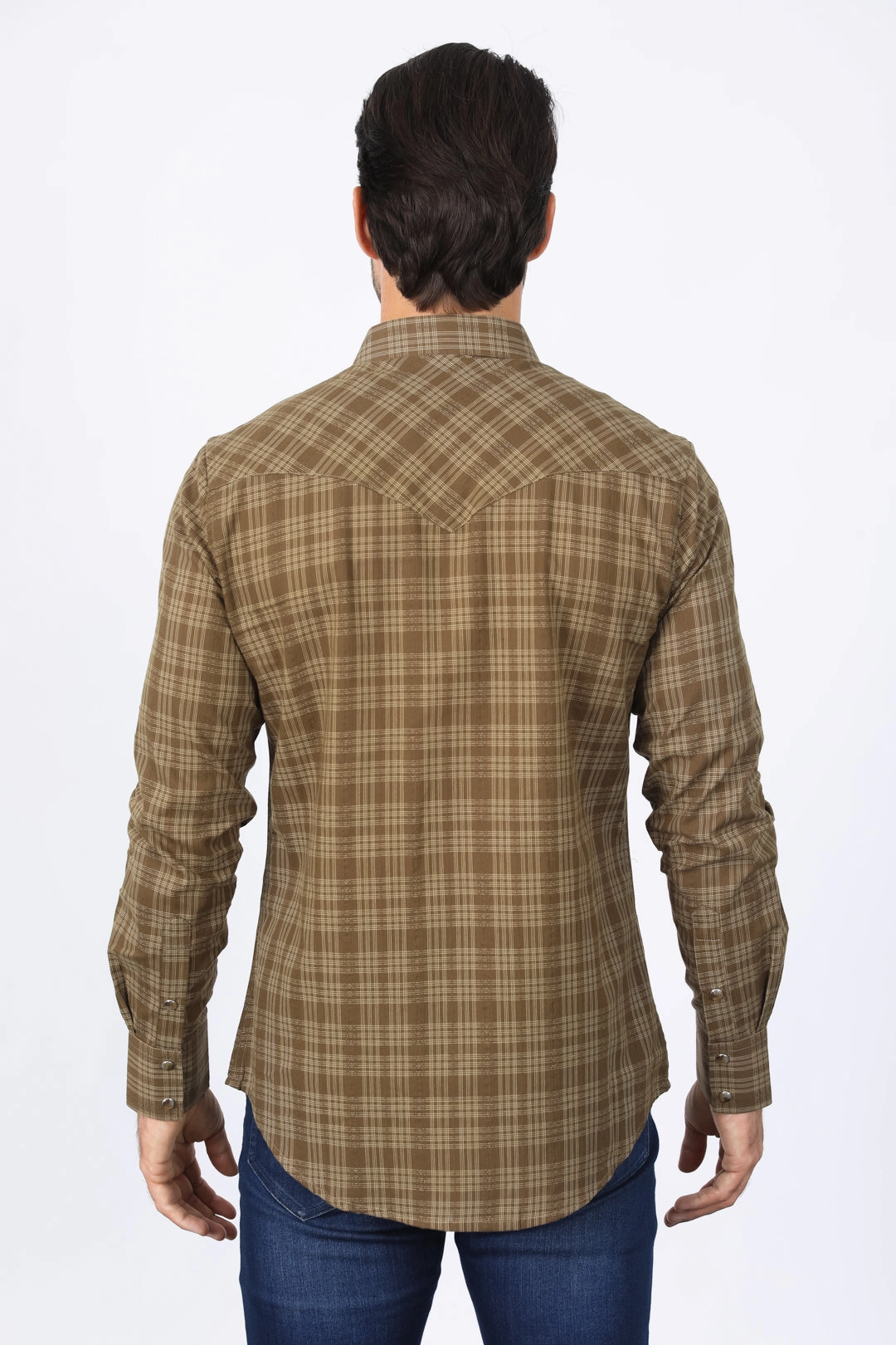 Mens Western Checkered Light Brown Long Sleeve Shirts Pure Cotton Versatile Piece