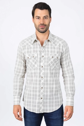 Mens Western Checkered White Long Sleeve Shirts Polo Style