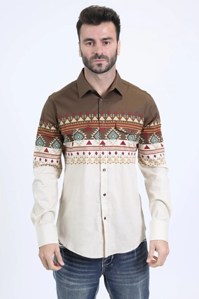 Button-up Mens Western Modern Fit Cotton/Spandex Long Sleeve Beige Shirt with Snaps