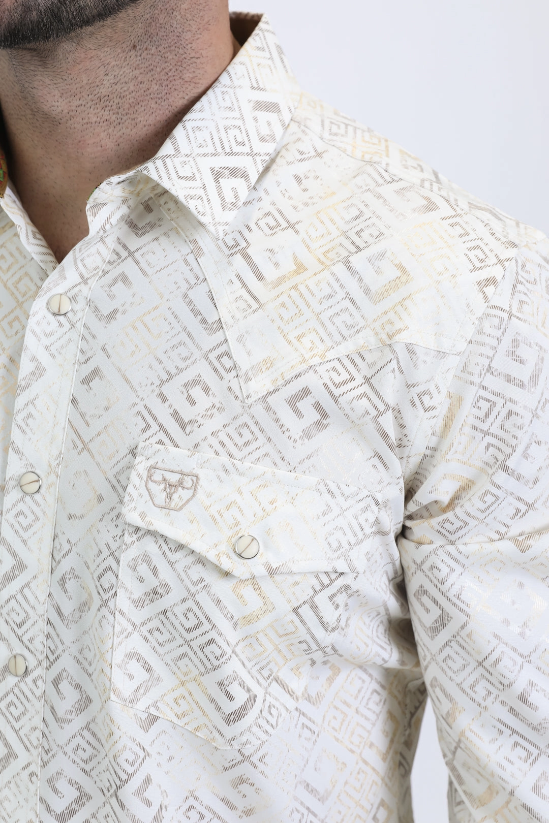 Sporty Look Mens Western Modern Fit Cotton/Spandex Long Sleeve Beige Shirt with Snaps