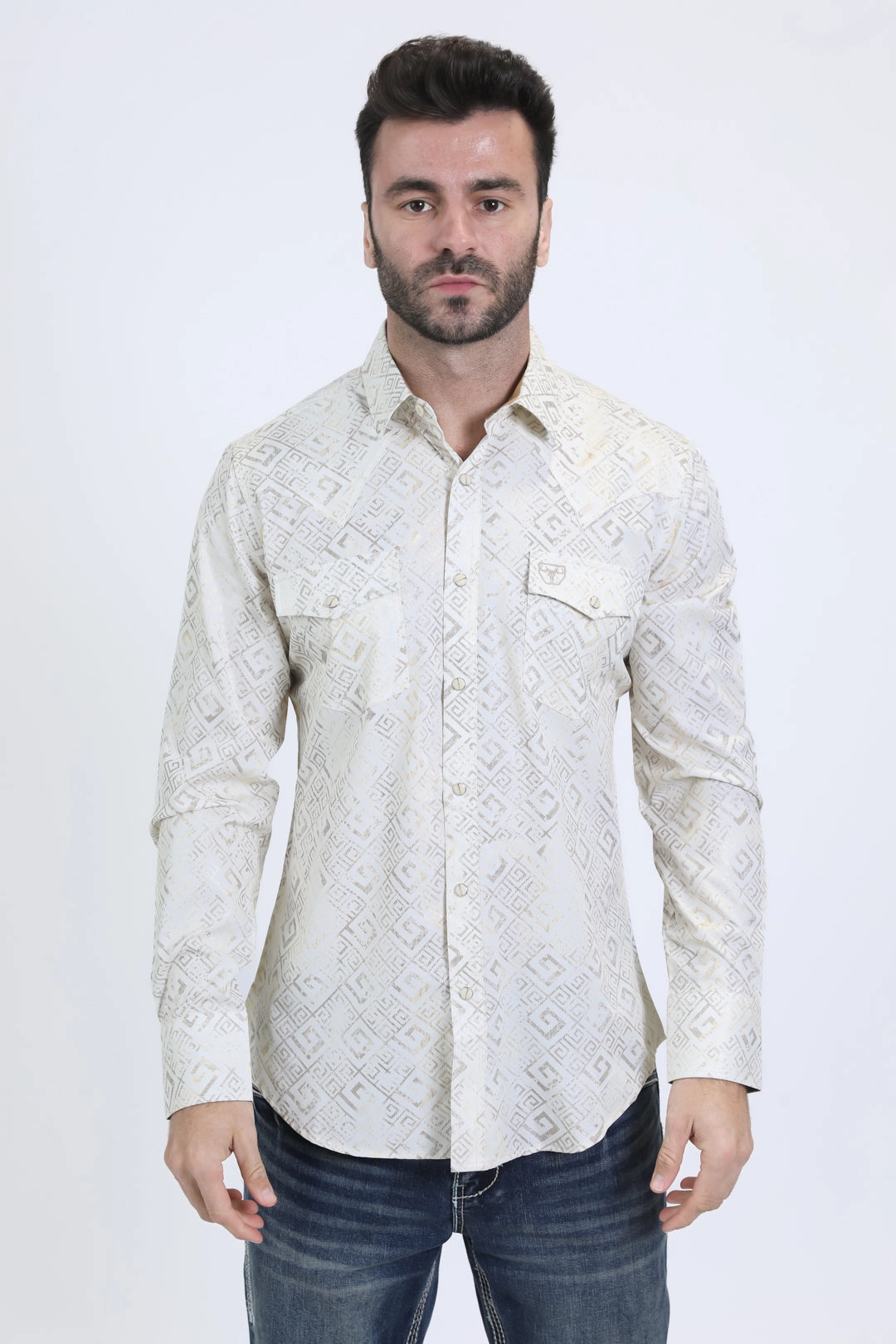 Comfortable Wear Mens Western Modern Fit Cotton/Spandex Long Sleeve Beige Shirt with Snaps