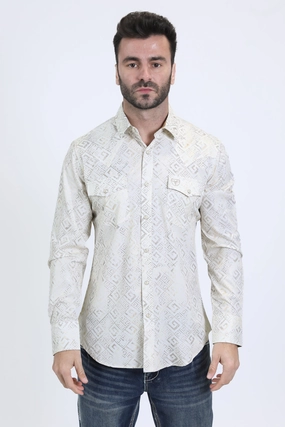 Comfortable Wear Mens Western Modern Fit Cotton/Spandex Long Sleeve Beige Shirt with Snaps