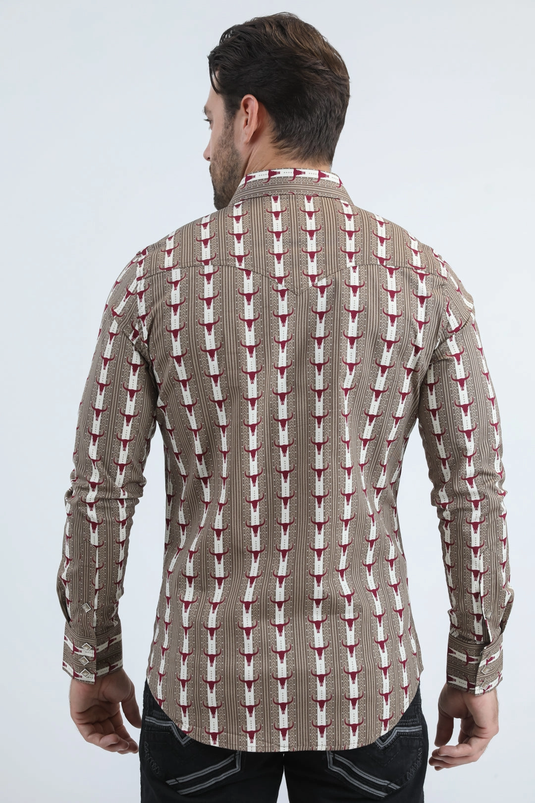 Mens Western Modern Fit Cotton/Spandex Long Sleeve Beige Shirt with Snaps Breathable Underarm Vents