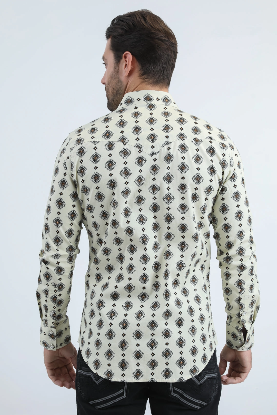 Mens Western Modern Fit Cotton/Spandex Long Sleeve Beige Shirt with Snaps Eye-Catching Pattern Plaid Design