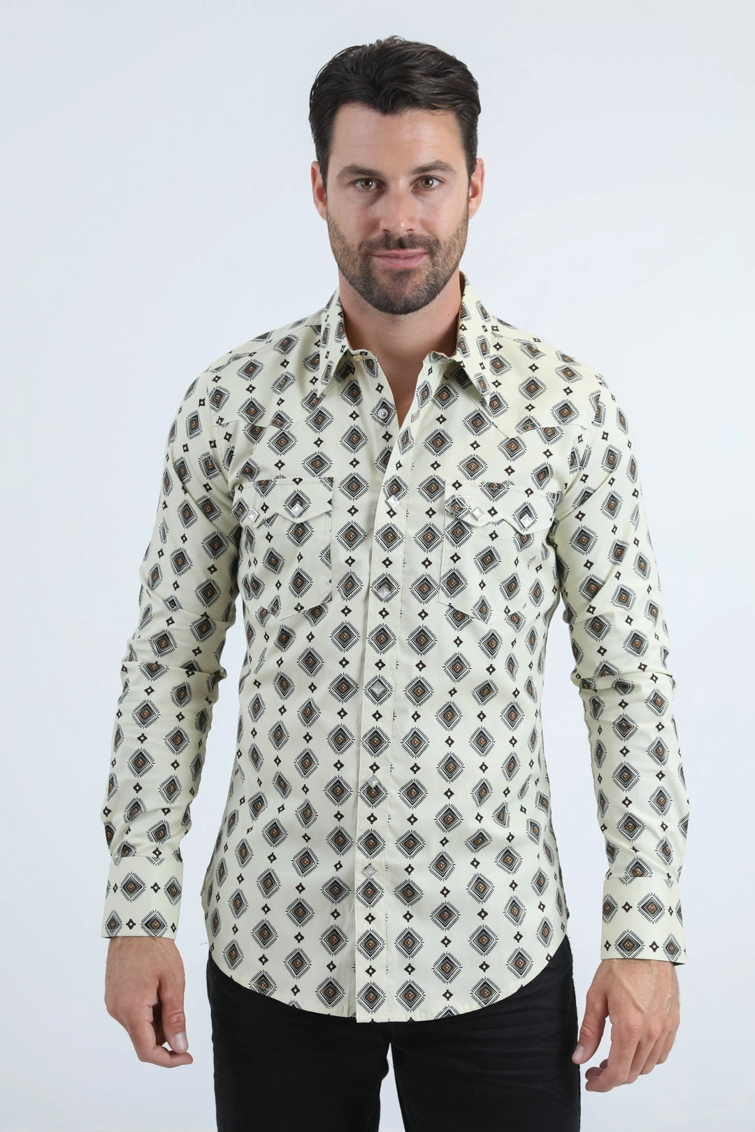 Mens Western Modern Fit Cotton/Spandex Long Sleeve Beige Shirt with Snaps Essential Fit