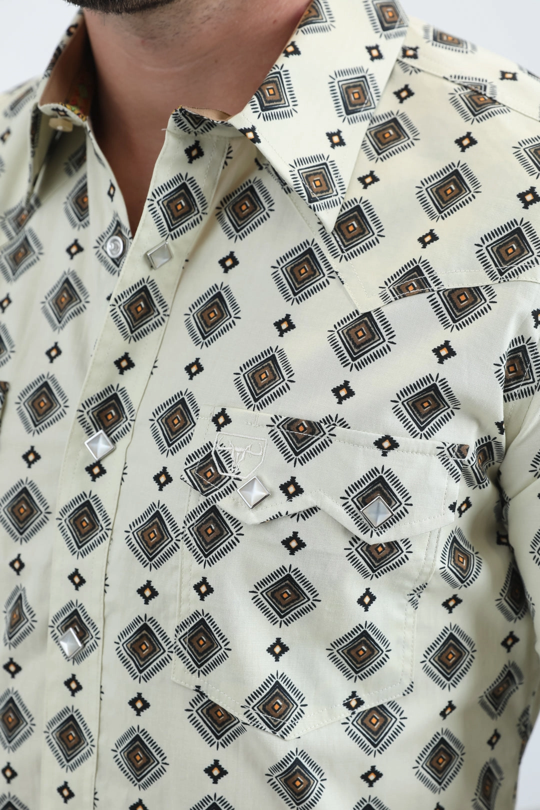 Mens Western Modern Fit Cotton/Spandex Long Sleeve Beige Shirt with Snaps Fast Drying