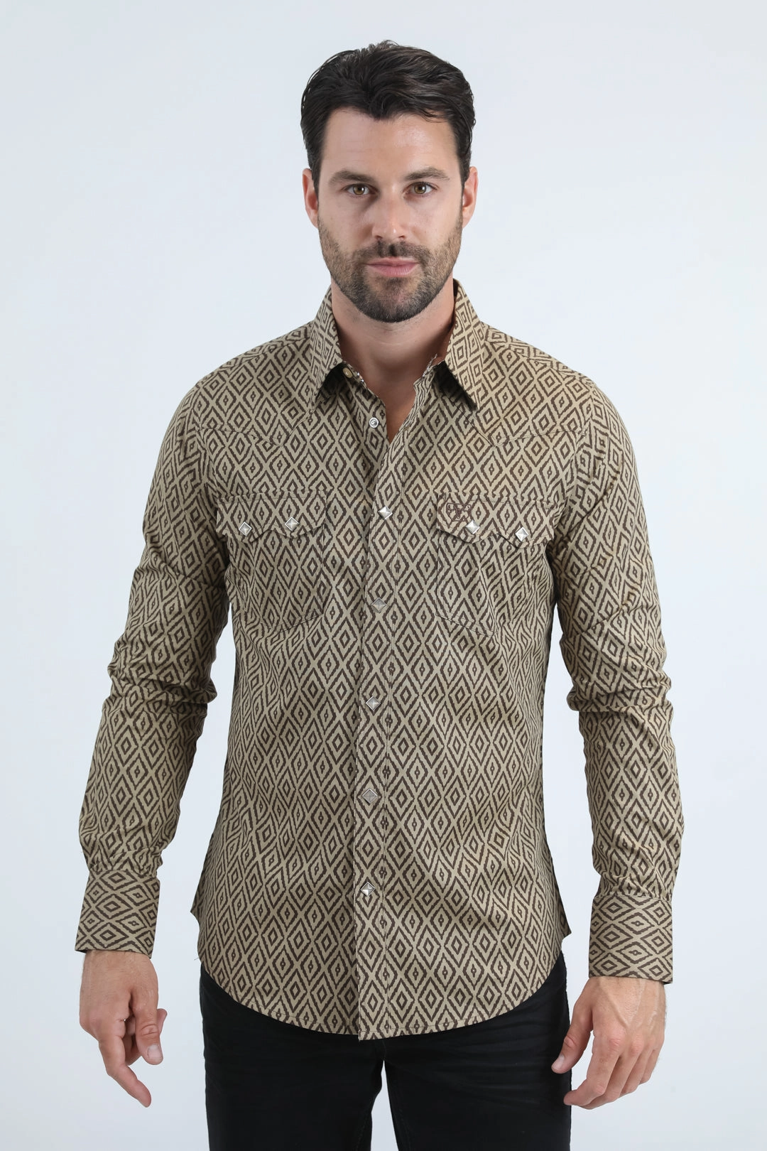 Quick Dry Technology Mens Western Modern Fit Cotton/Spandex Long Sleeve Beige Shirt with Snaps