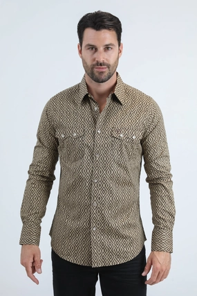 Quick Dry Technology Mens Western Modern Fit Cotton/Spandex Long Sleeve Beige Shirt with Snaps