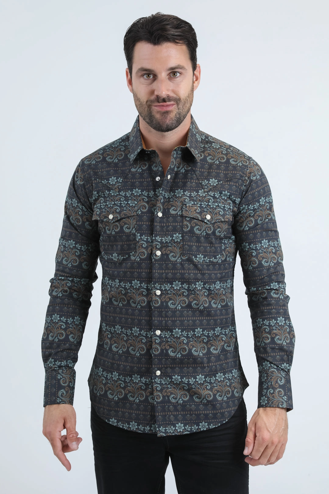 Mens Western Modern Fit Cotton/Spandex Long Sleeve Black/Gold Shirt with Snaps Double Stitched Seams