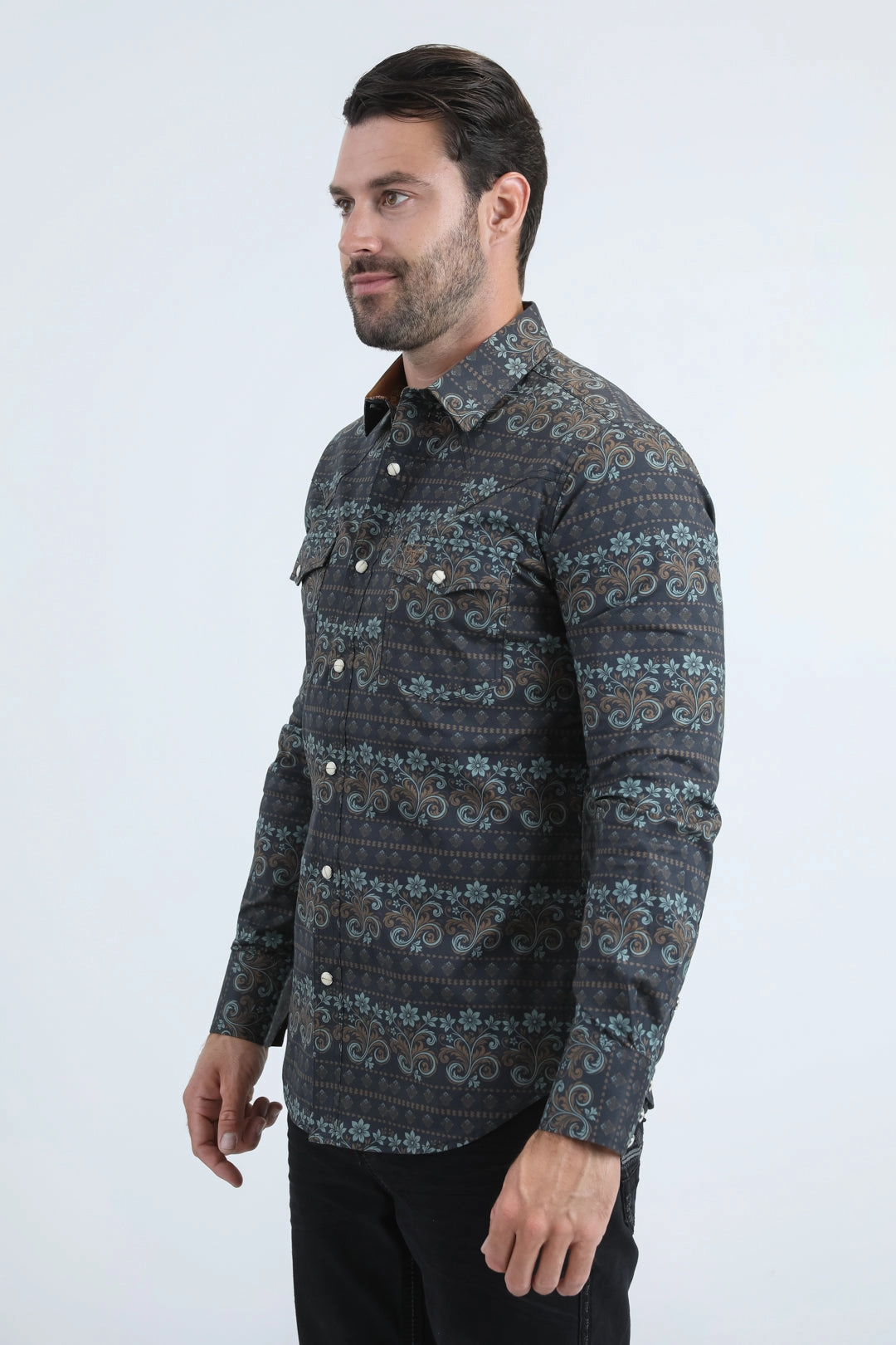 Quality Wear Fitted Design Mens Western Modern Fit Cotton/Spandex Long Sleeve Black/Gold Shirt with Snaps