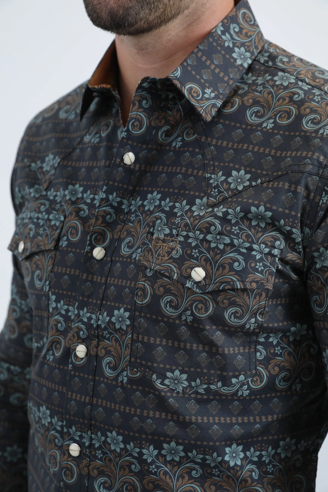 Mens Western Modern Fit Cotton/Spandex Long Sleeve Black/Gold Shirt with Snaps Bamboo Fiber Blend