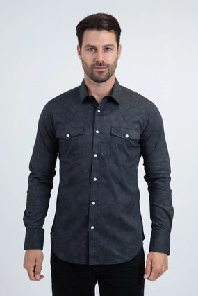 Mens Western Modern Fit Cotton/Spandex Long Sleeve Black Shirt with Snaps Chilly Day Wear Fitted Silhouette