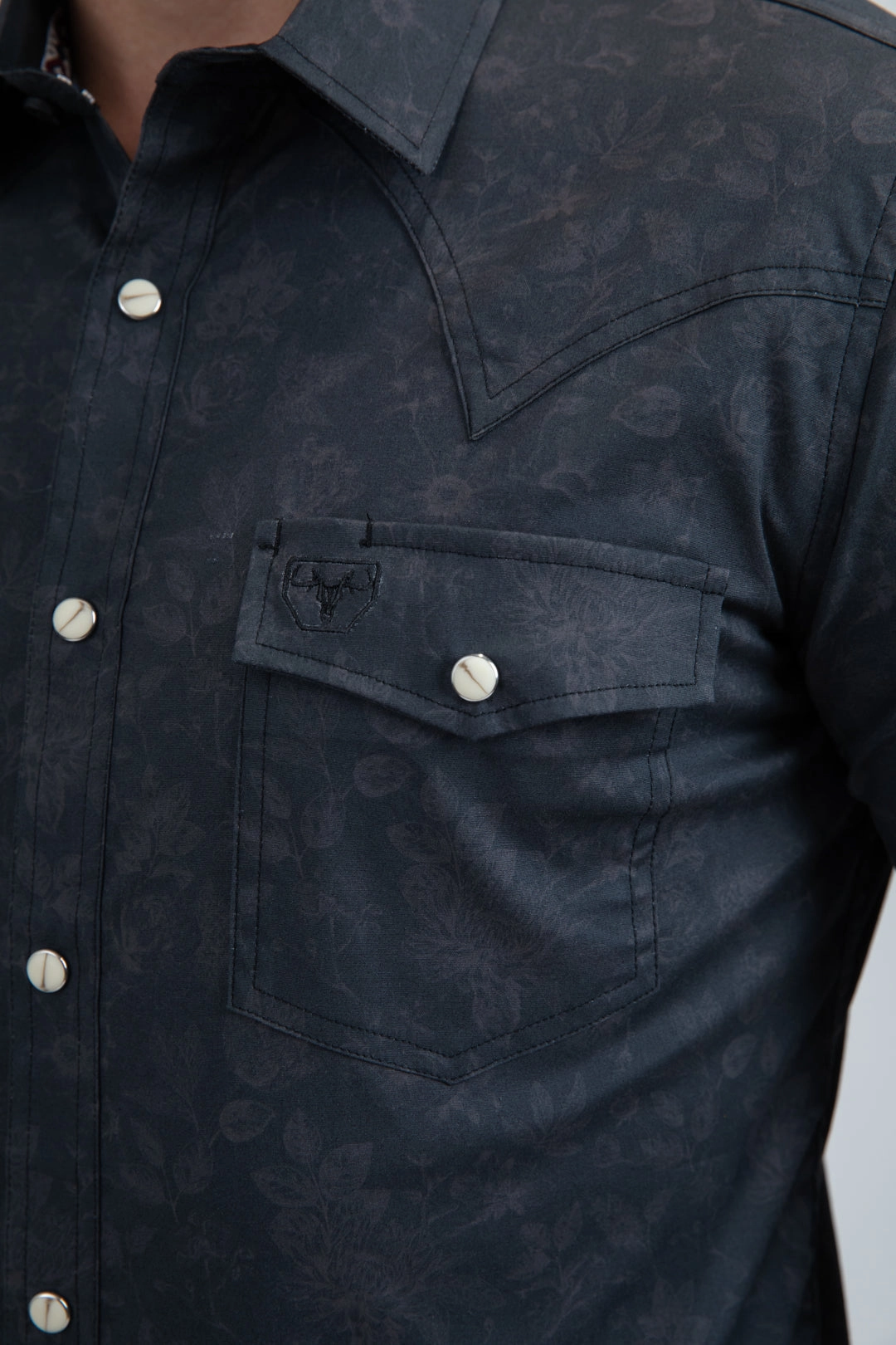 Abrasion Resistant Edging Mens Western Modern Fit Cotton/Spandex Long Sleeve Black Shirt with Snaps