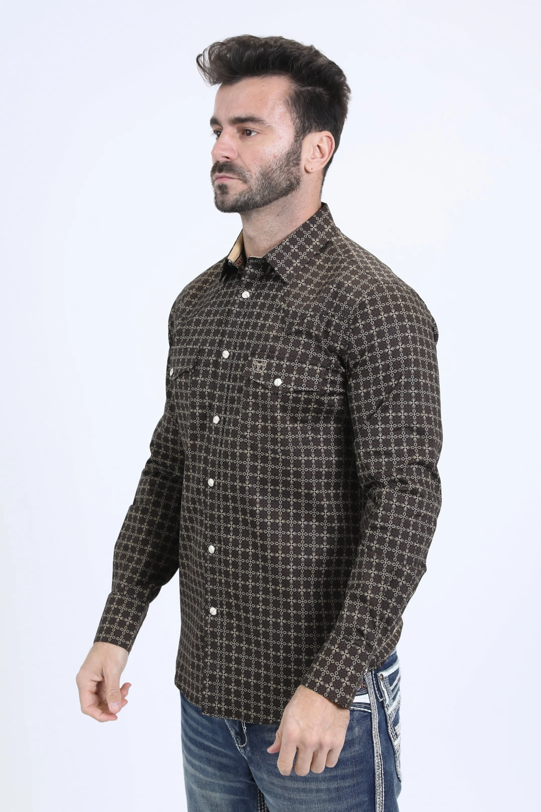 Smart Appearance Mens Western Modern Fit Cotton/Spandex Long Sleeve Black Shirt with Snaps