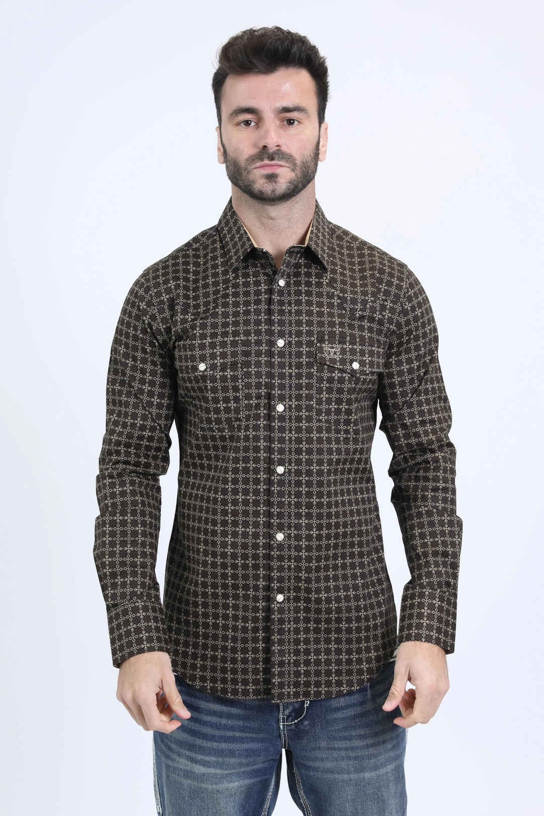 Mens Western Modern Fit Cotton/Spandex Long Sleeve Black Shirt with Snaps Animal Print