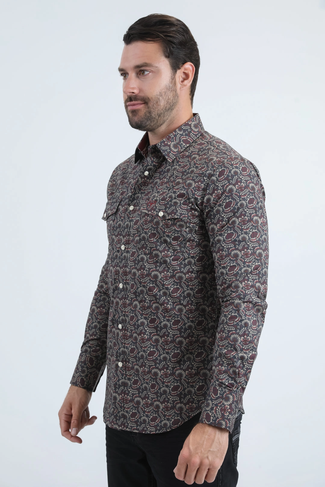 Mens Western Modern Fit Cotton/Spandex Long Sleeve Black Shirt with Snaps Striped style