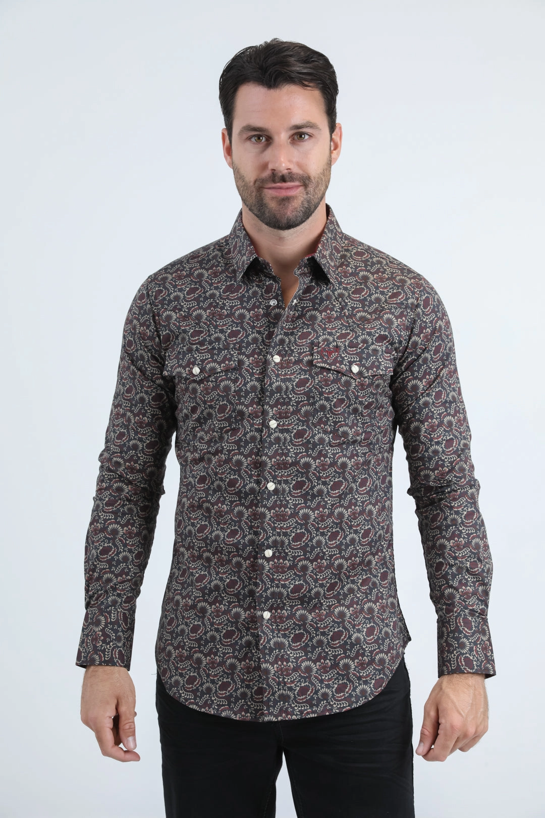 Multi Layer Stitching Friends Meetup Mens Western Modern Fit Cotton/Spandex Long Sleeve Black Shirt with Snaps