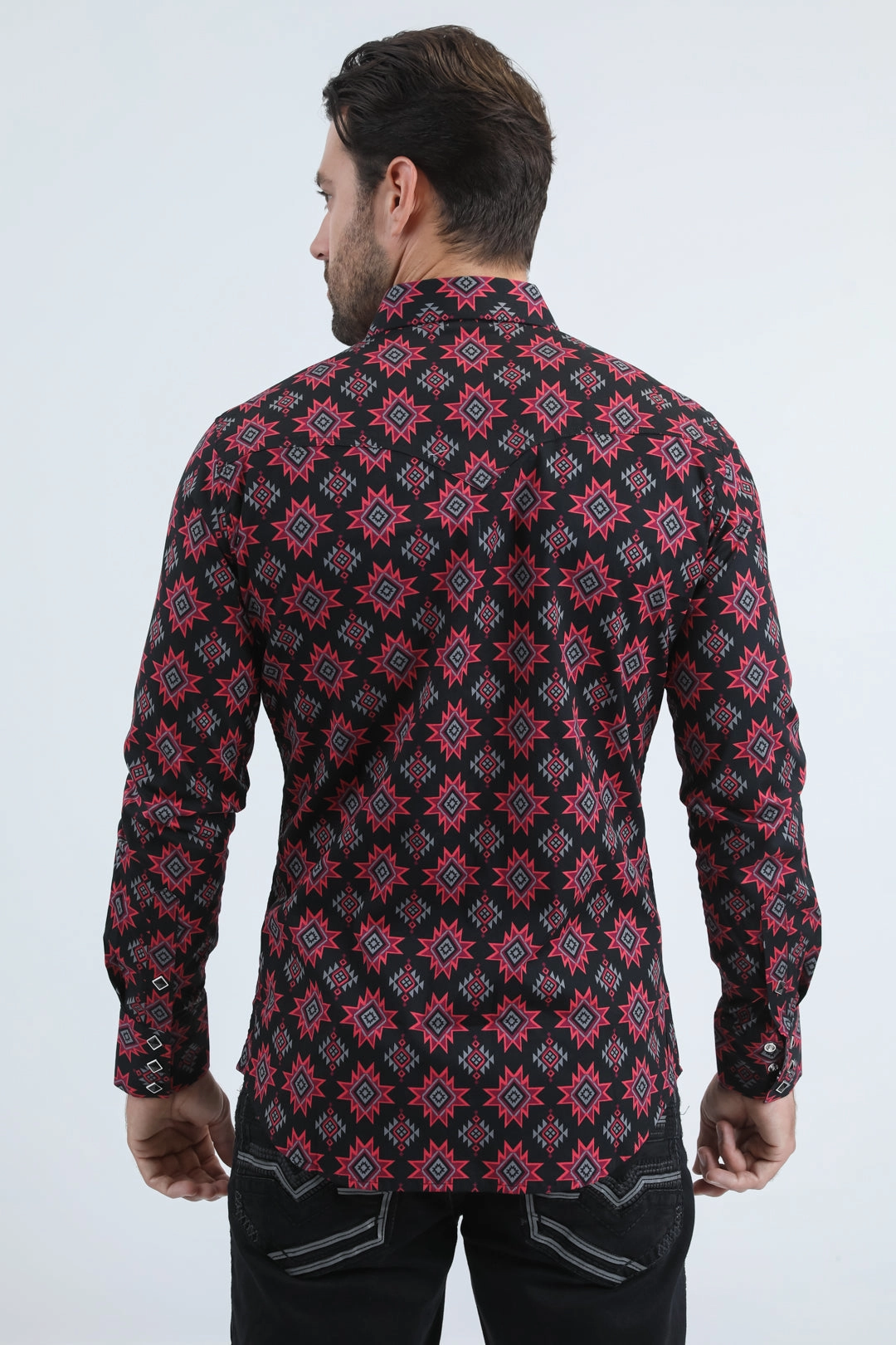 Seamless construction Breathable Cotton Mens Western Modern Fit Cotton/Spandex Long Sleeve Black Shirt with Snaps