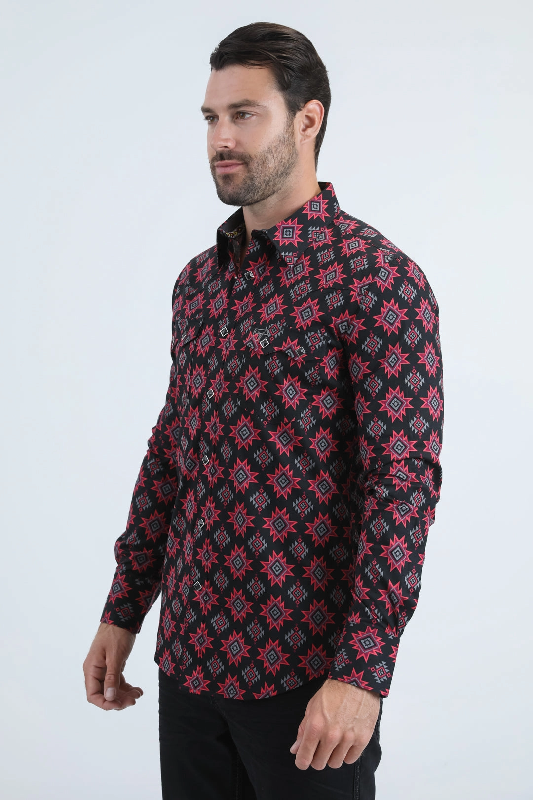 Mens Western Modern Fit Cotton/Spandex Long Sleeve Black Shirt with Snaps Handcrafted Detail