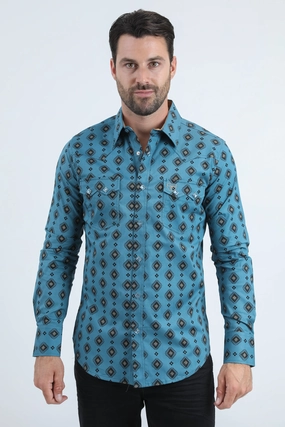 Anti Static Treatment Mens Western Modern Fit Cotton/Spandex Long Sleeve Blue Shirt with Snaps