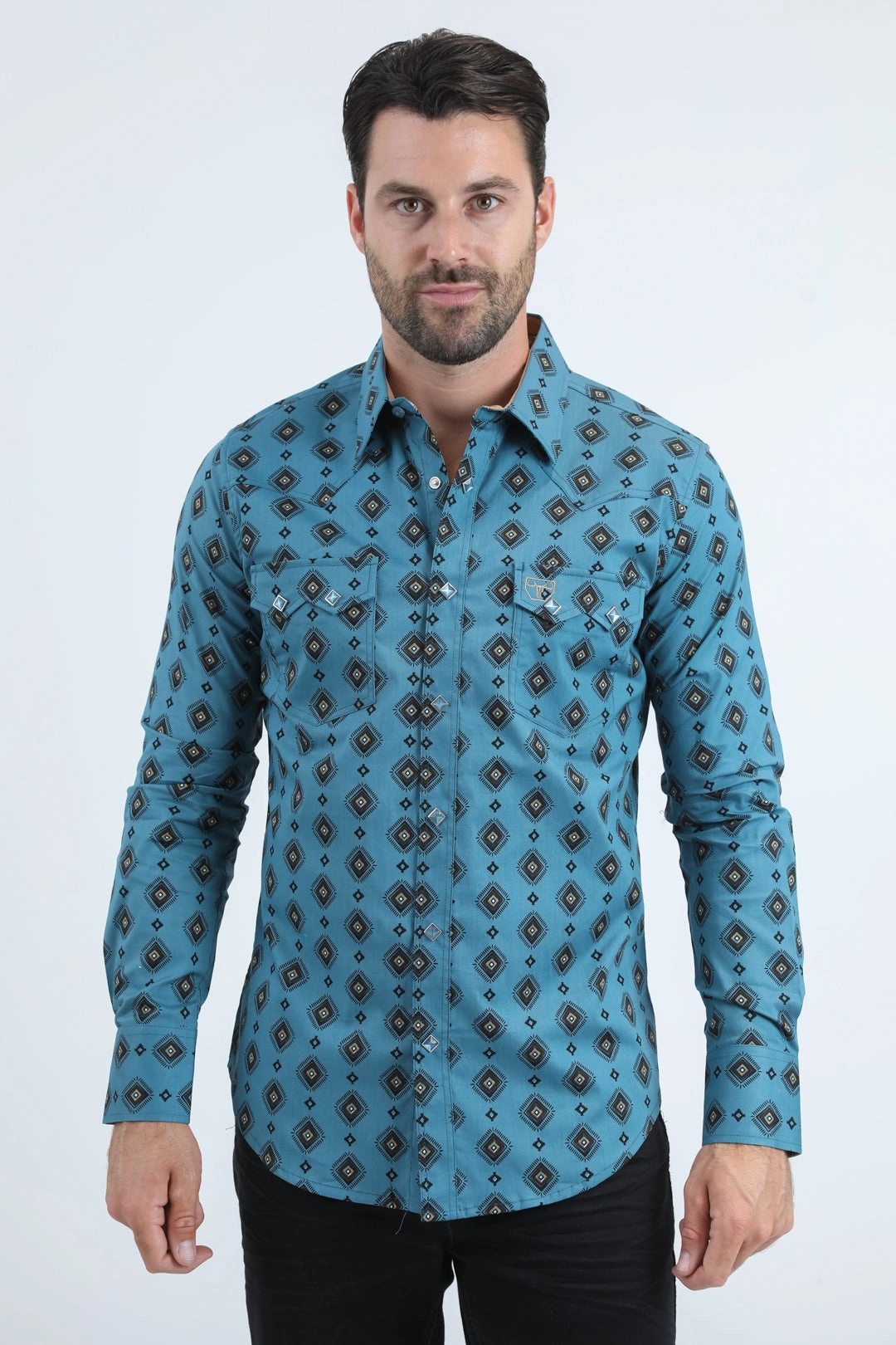 Anti Static Treatment Mens Western Modern Fit Cotton/Spandex Long Sleeve Blue Shirt with Snaps