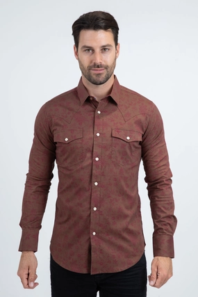 Relaxed Design Camouflage Style Mens Western Modern Fit Cotton/Spandex Long Sleeve Brown Shirt with Snaps