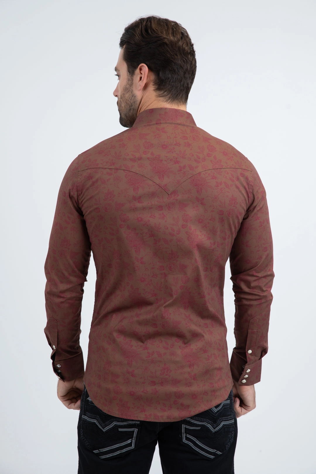 Breathable Underarm Vents Mens Western Modern Fit Cotton/Spandex Long Sleeve Brown Shirt with Snaps