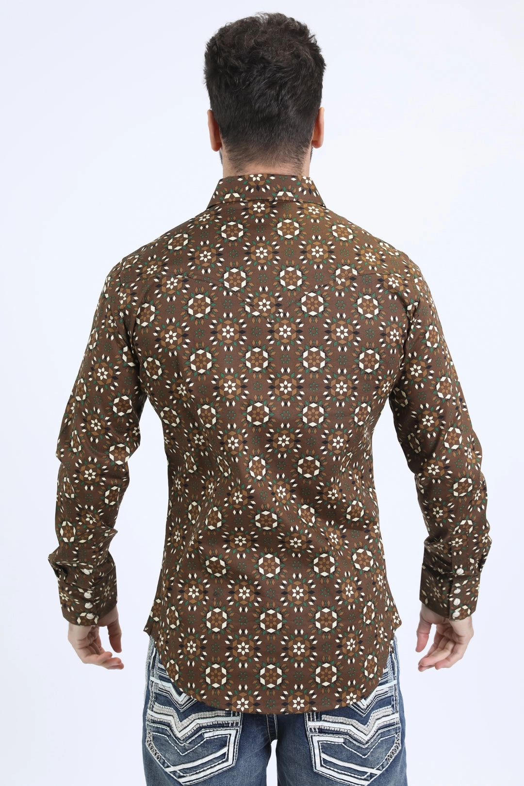 Fitted Shape Mens Western Modern Fit Cotton/Spandex Long Sleeve Brown Shirt with Snaps