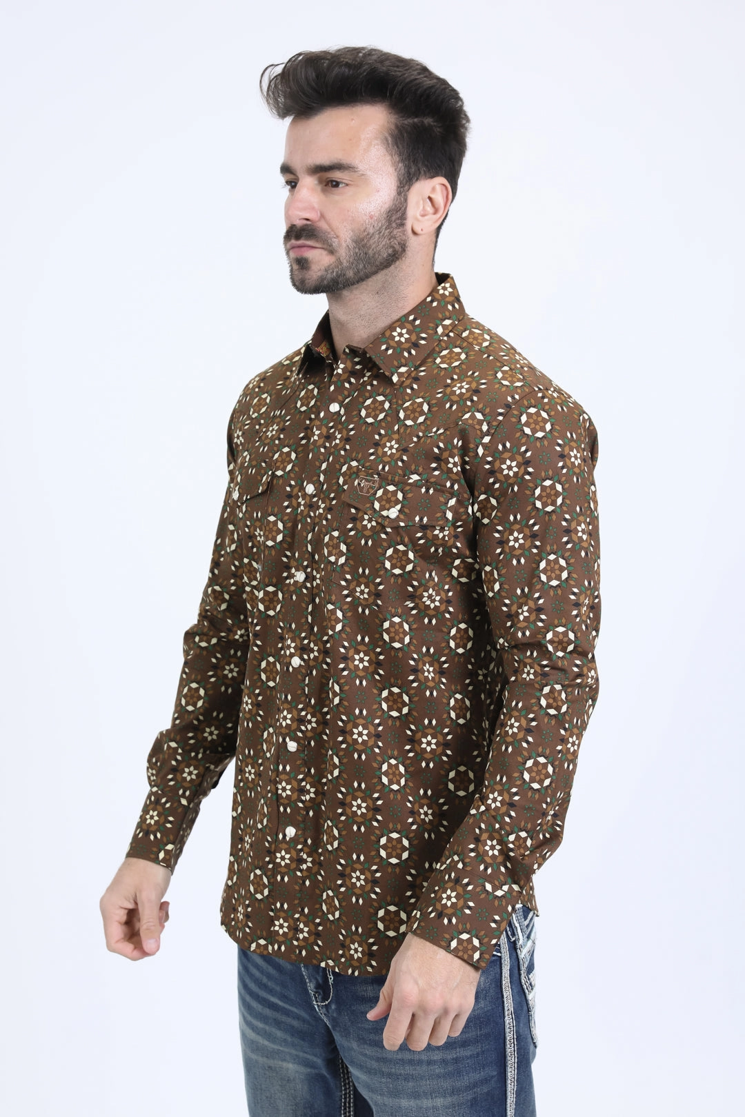 Mens Western Modern Fit Cotton/Spandex Long Sleeve Brown Shirt with Snaps No Slip Shoulder Grips Handcrafted Detail