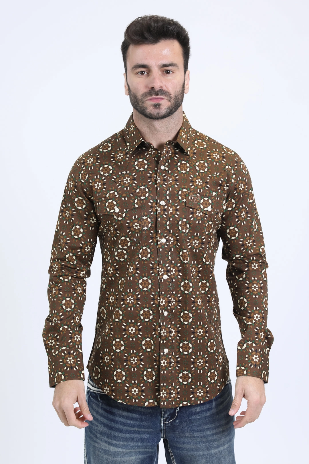 Soft Feel Mens Western Modern Fit Cotton/Spandex Long Sleeve Brown Shirt with Snaps