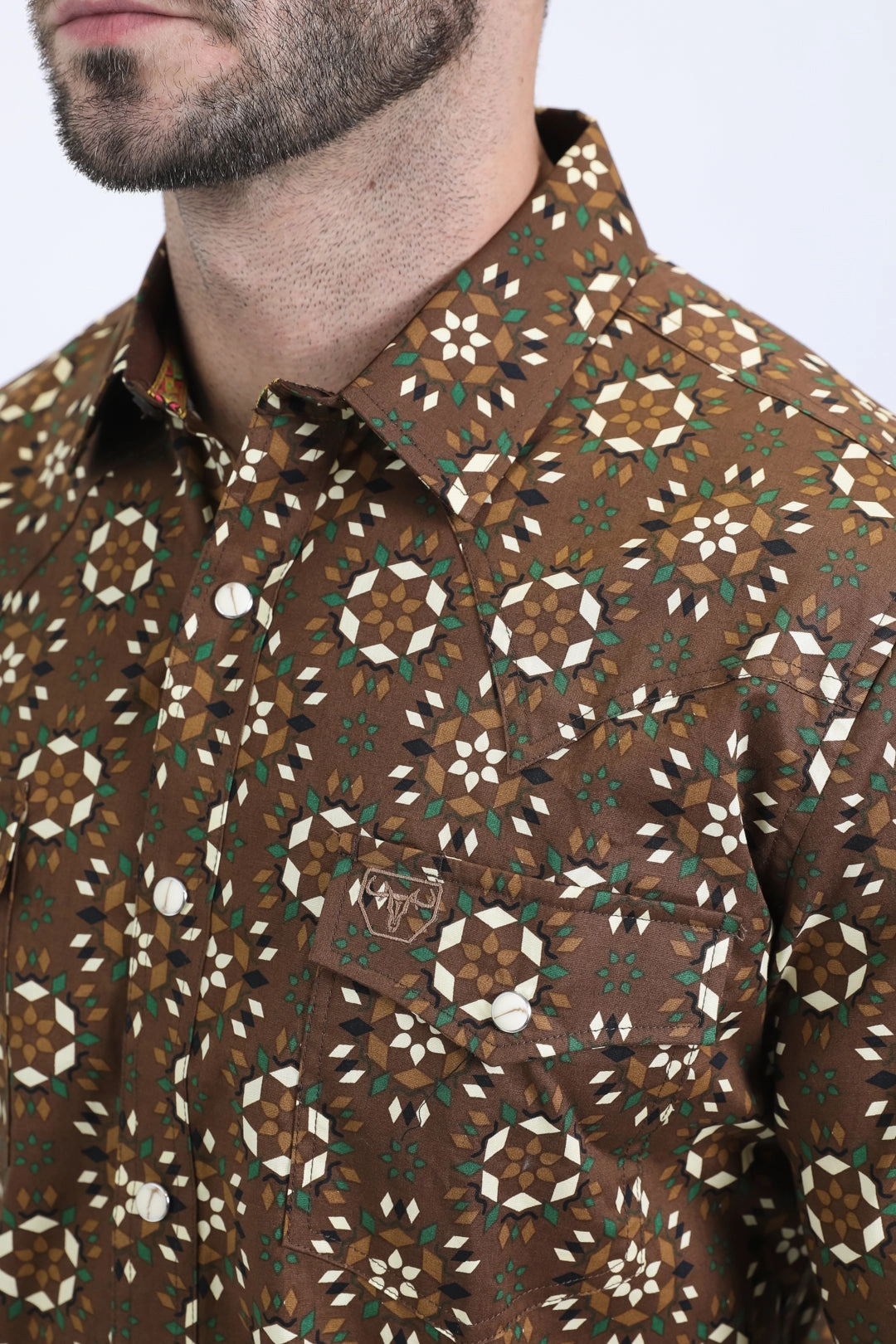 Wedding guest Mens Western Modern Fit Cotton/Spandex Long Sleeve Brown Shirt with Snaps