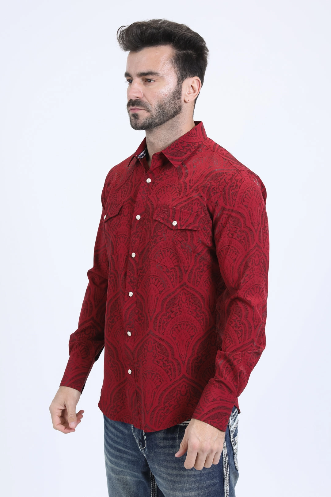 Matte Look Mens Western Modern Fit Cotton/Spandex Long Sleeve Burgundy Shirt with Snaps