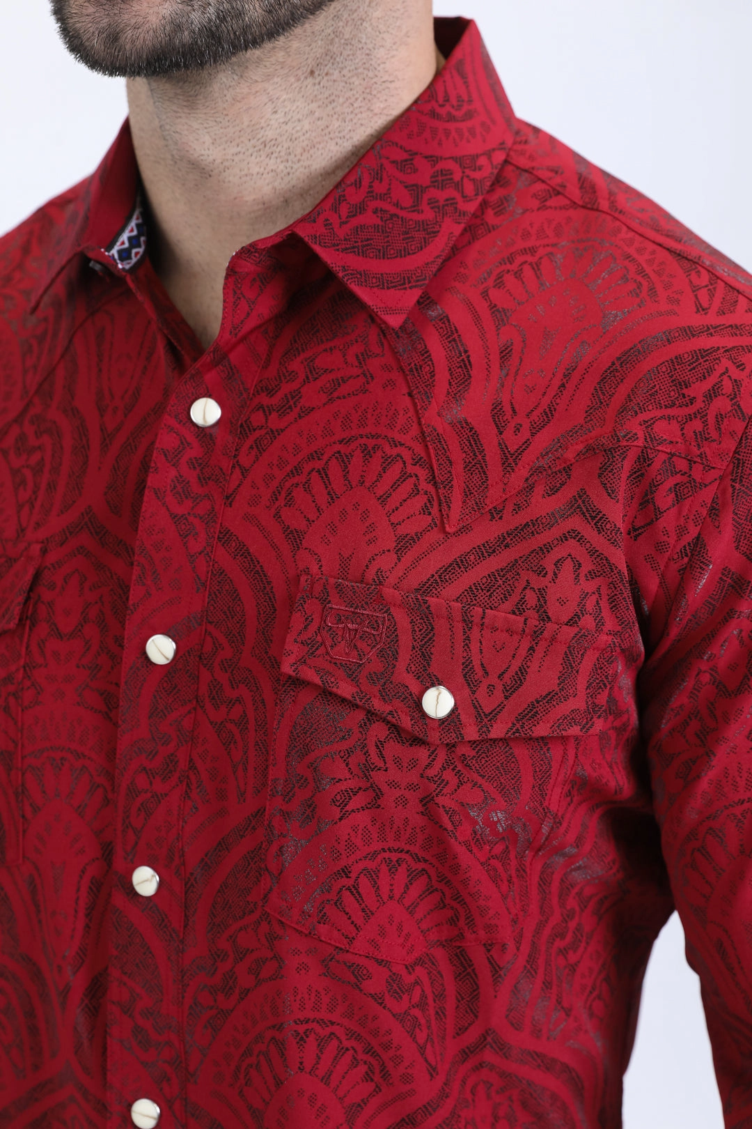 Mens Western Modern Fit Cotton/Spandex Long Sleeve Burgundy Shirt with Snaps Stylish Element