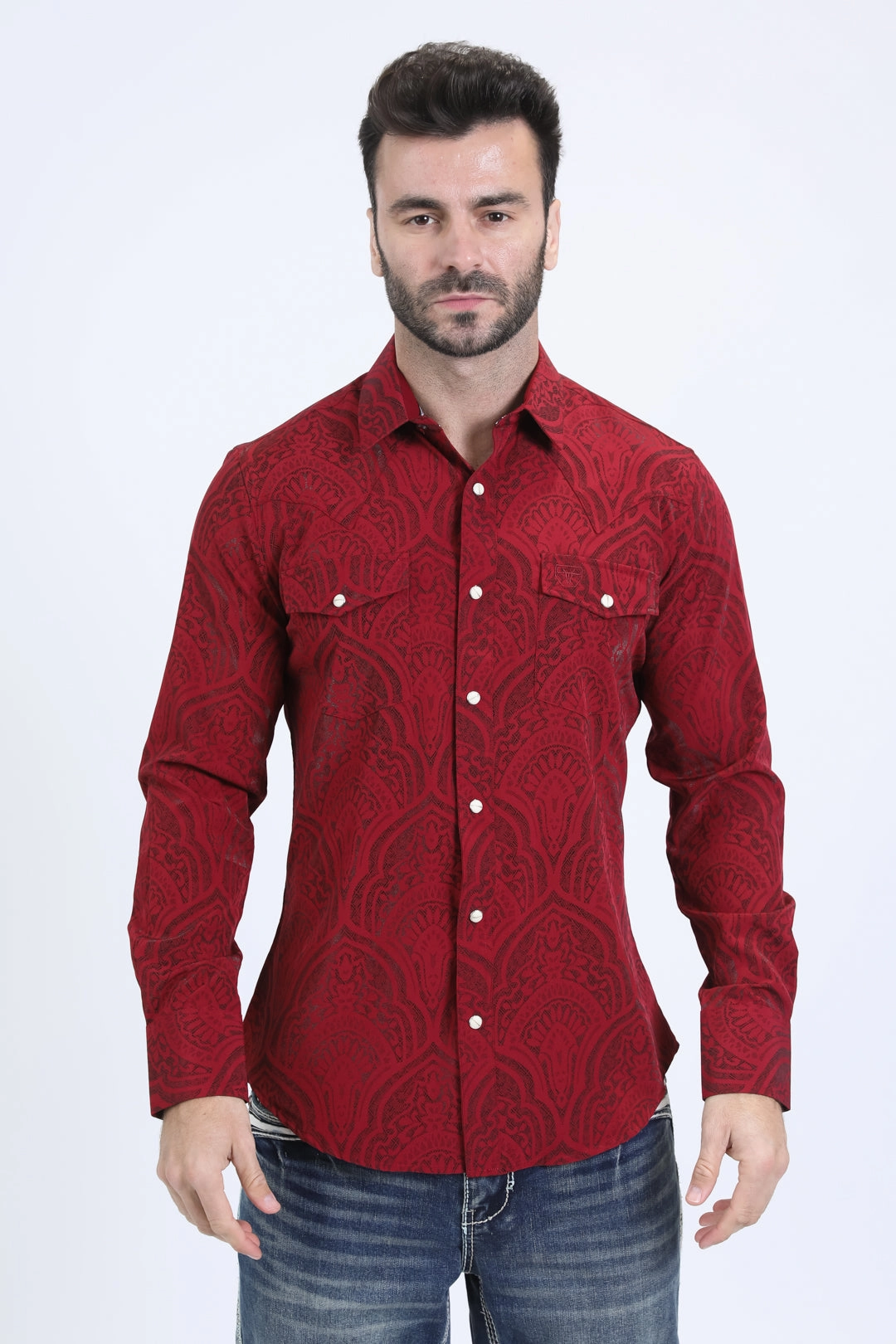 Graphic Art Mens Western Modern Fit Cotton/Spandex Long Sleeve Burgundy Shirt with Snaps