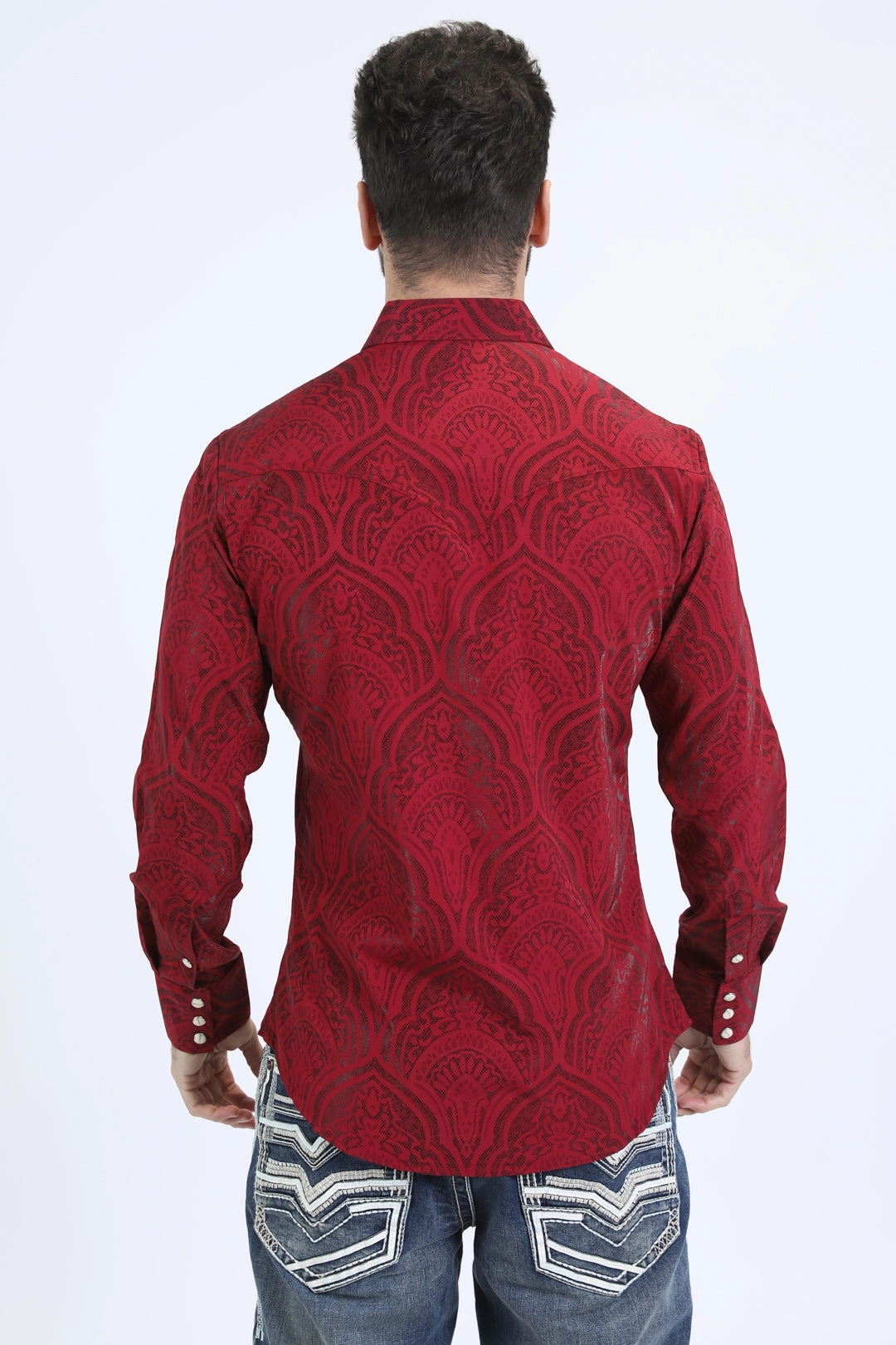 Lightweight Fabric Mens Western Modern Fit Cotton/Spandex Long Sleeve Burgundy Shirt with Snaps