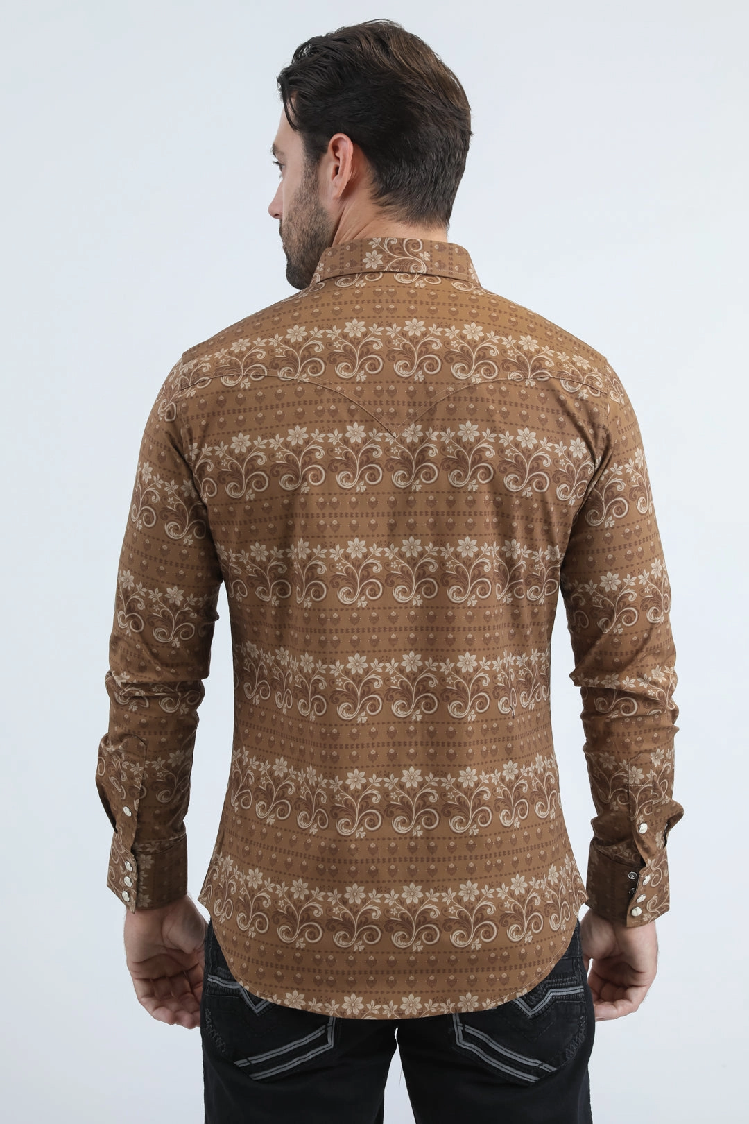 Mens Western Modern Fit Cotton/Spandex Long Sleeve Camel Shirt with Snaps Lace Accent Premium Style