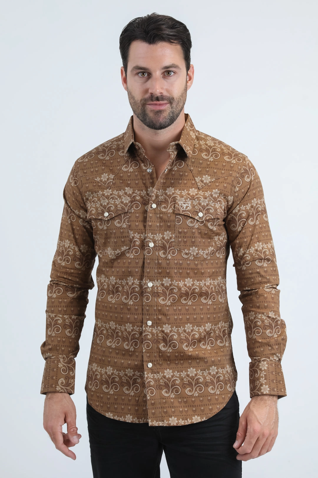 Snug feel Mens Western Modern Fit Cotton/Spandex Long Sleeve Camel Shirt with Snaps