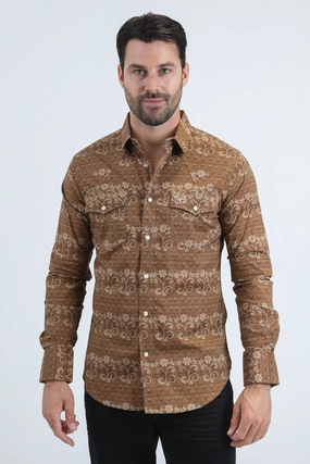 Snug feel Mens Western Modern Fit Cotton/Spandex Long Sleeve Camel Shirt with Snaps