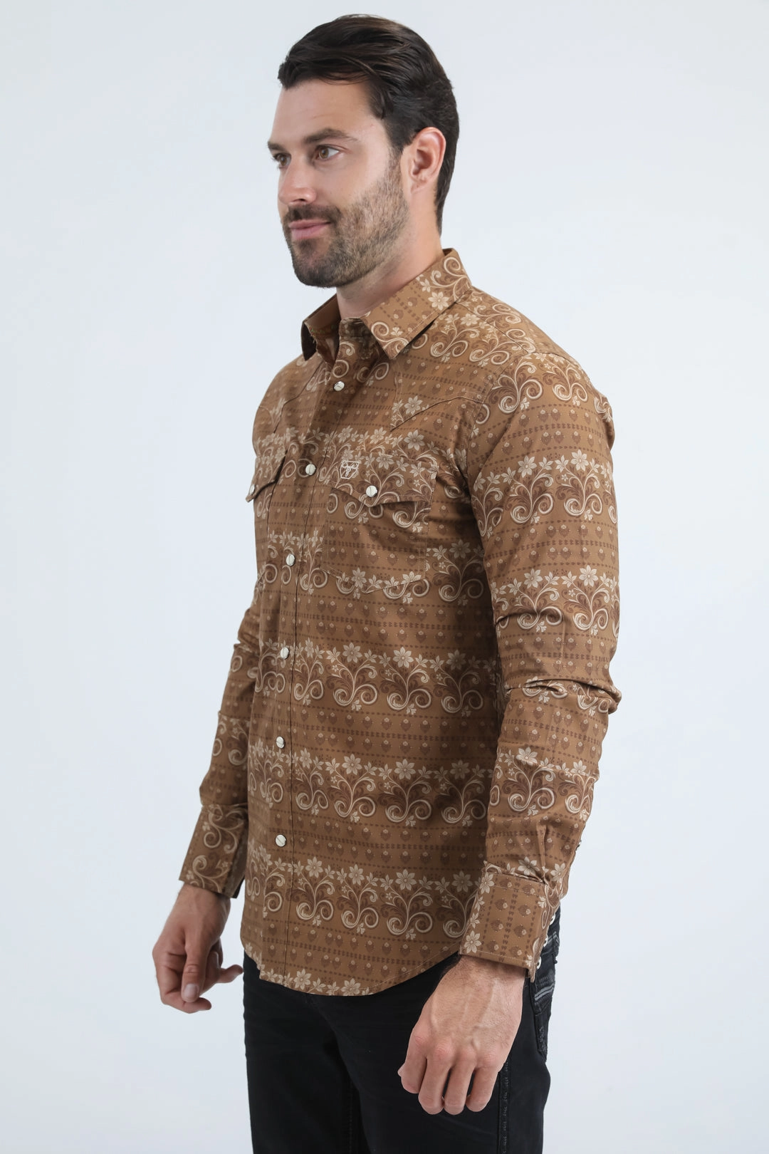 Casual Comfort Mens Western Modern Fit Cotton/Spandex Long Sleeve Camel Shirt with Snaps