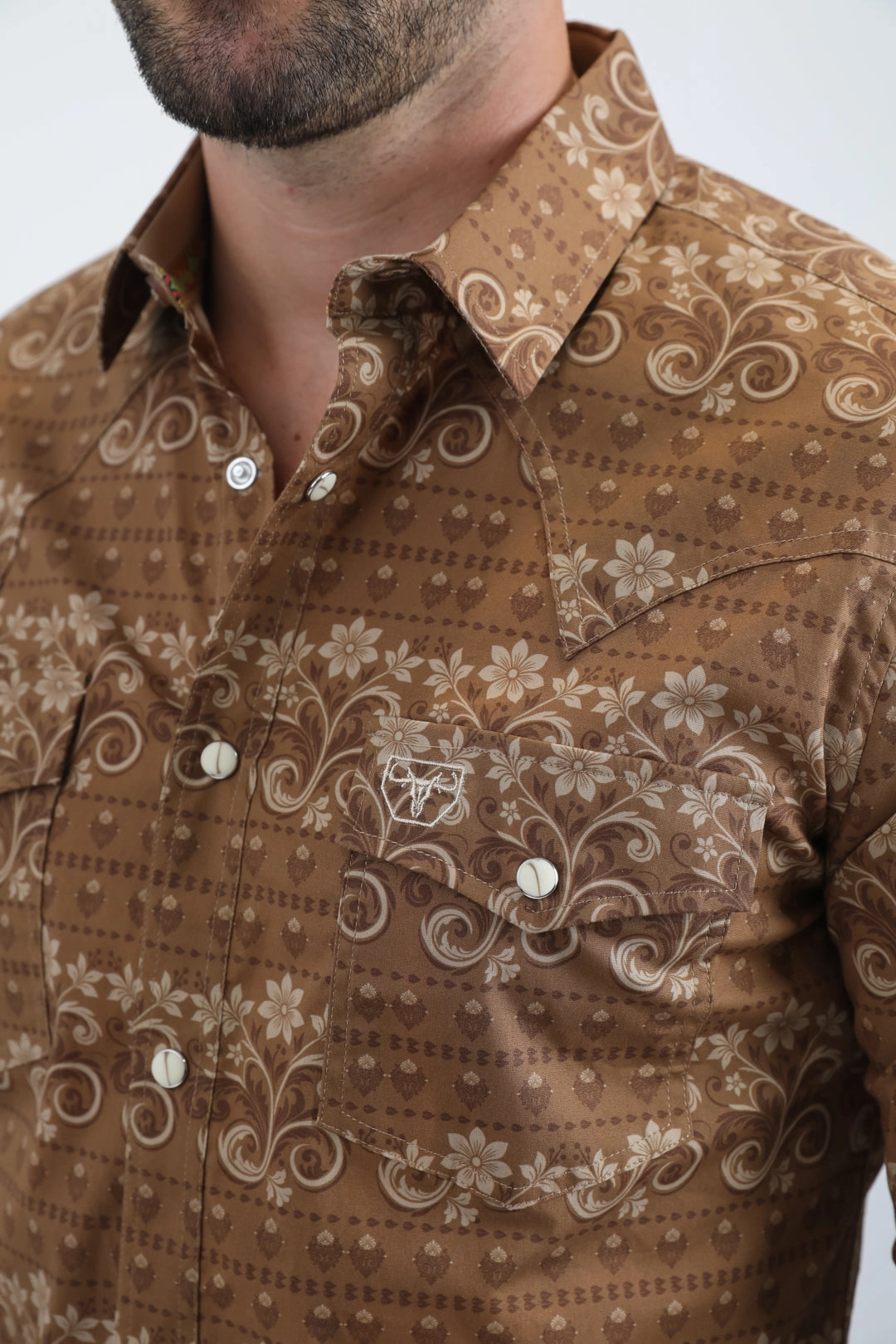 Mens Western Modern Fit Cotton/Spandex Long Sleeve Camel Shirt with Snaps Polished Finish Hooded Neckline