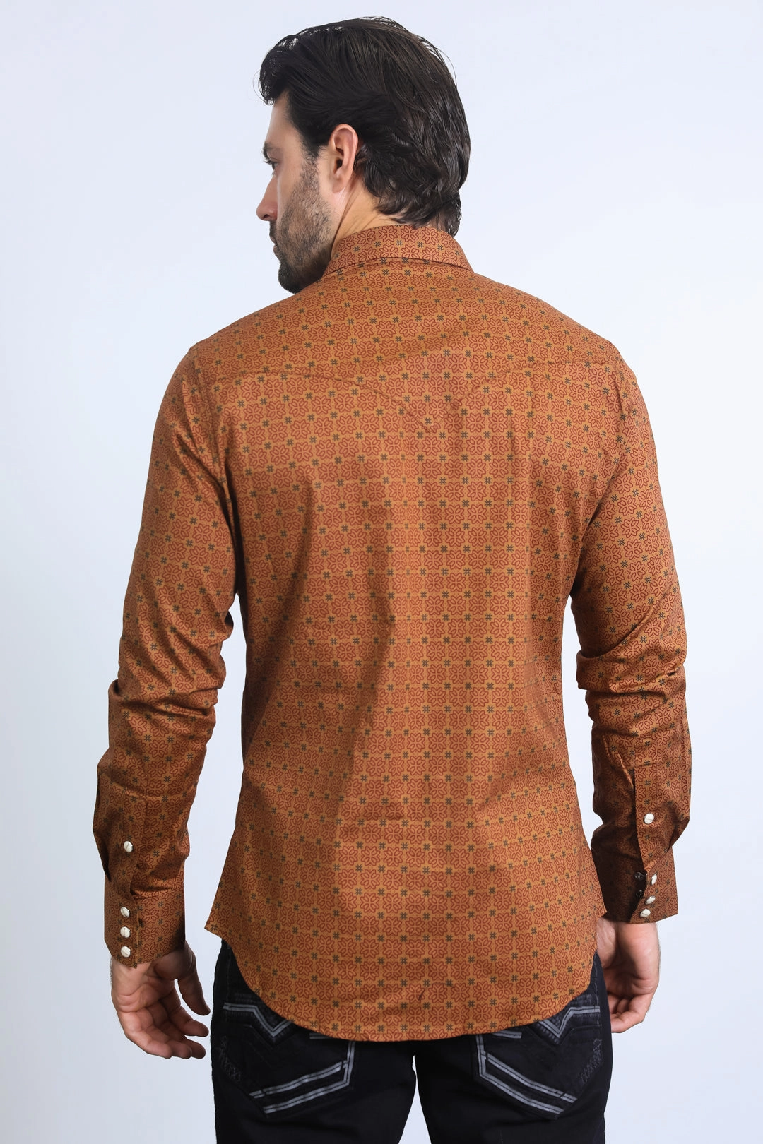 Work Appropriate Loose style Mens Western Modern Fit Cotton/Spandex Long Sleeve Camel Shirt with Snaps