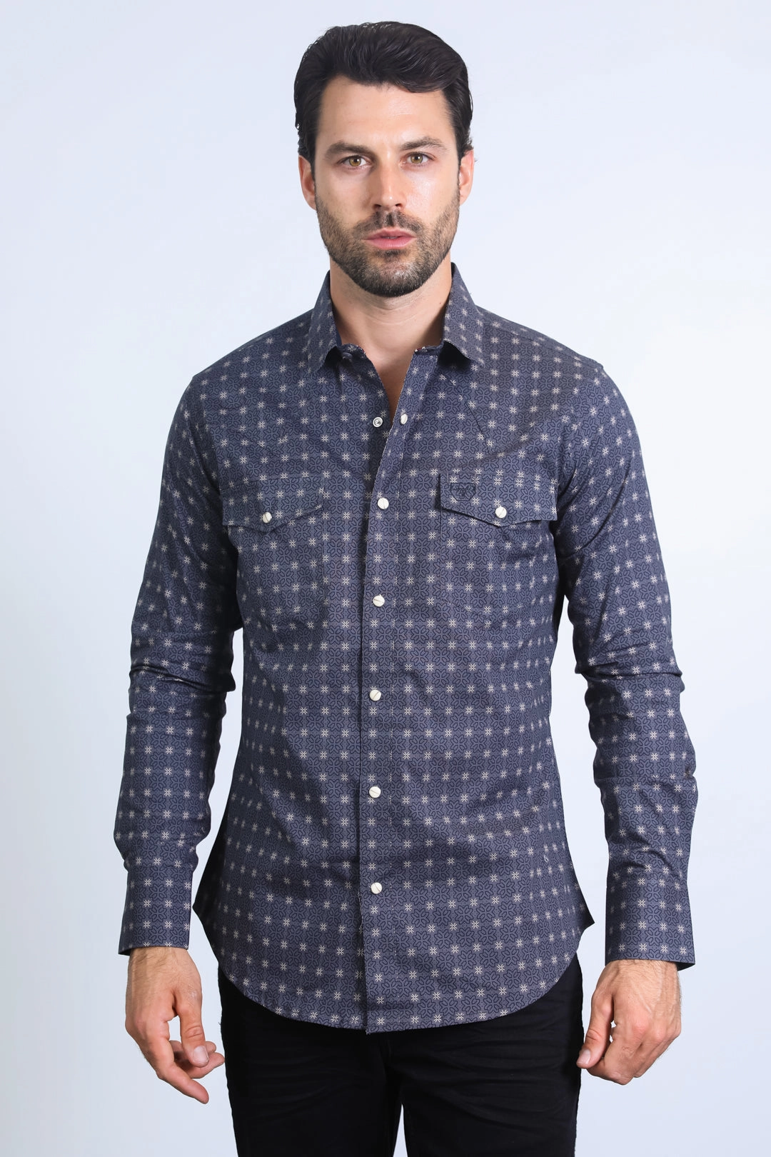 Street Chic Stylish Detail Mens Western Modern Fit Cotton/Spandex Long Sleeve Charcoal Shirt with Snaps