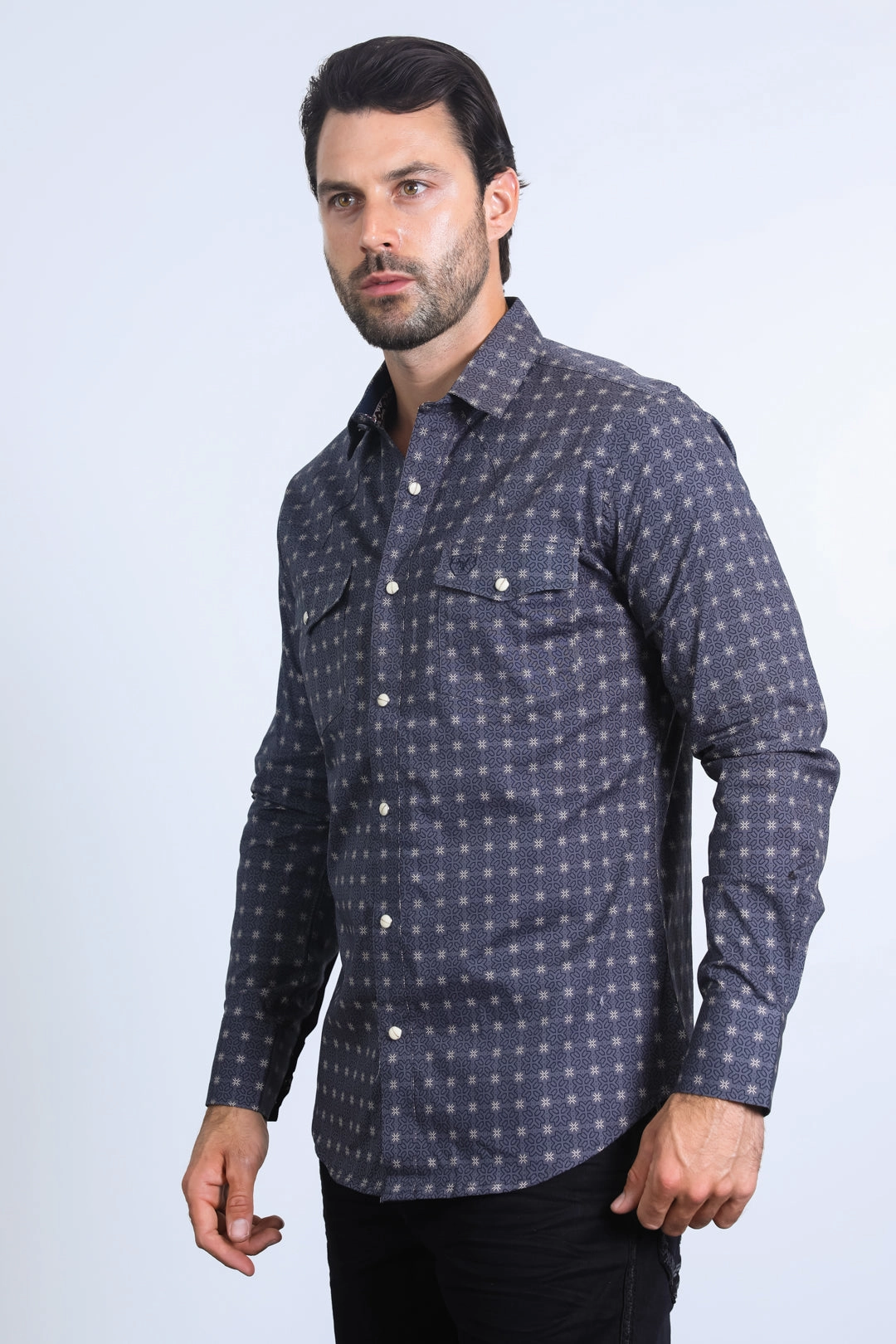 Mens Western Modern Fit Cotton/Spandex Long Sleeve Charcoal Shirt with Snaps Youthful Style