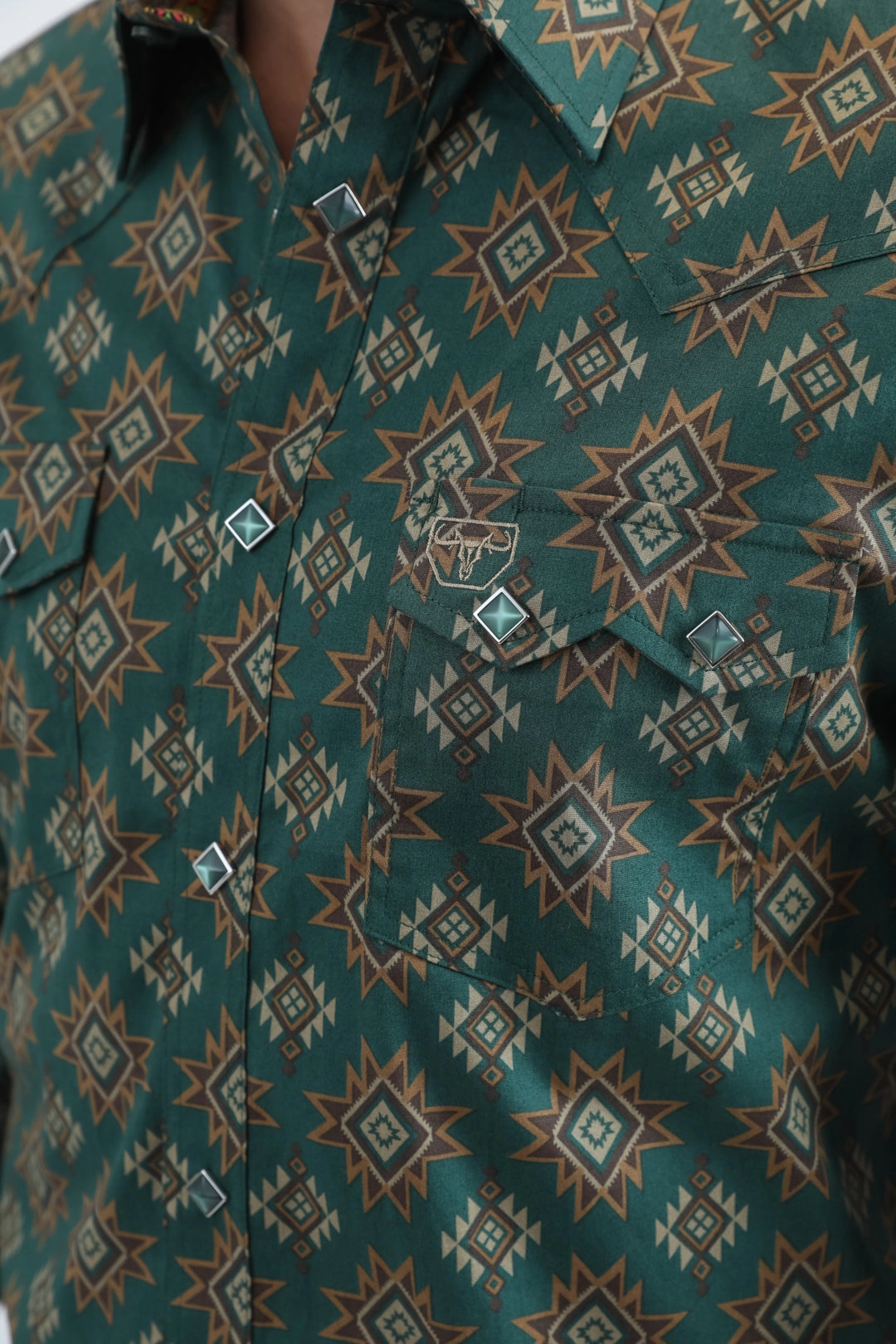 Odor control Cultural Inspired Mens Western Modern Fit Cotton/Spandex Long Sleeve Green Shirt with Snaps