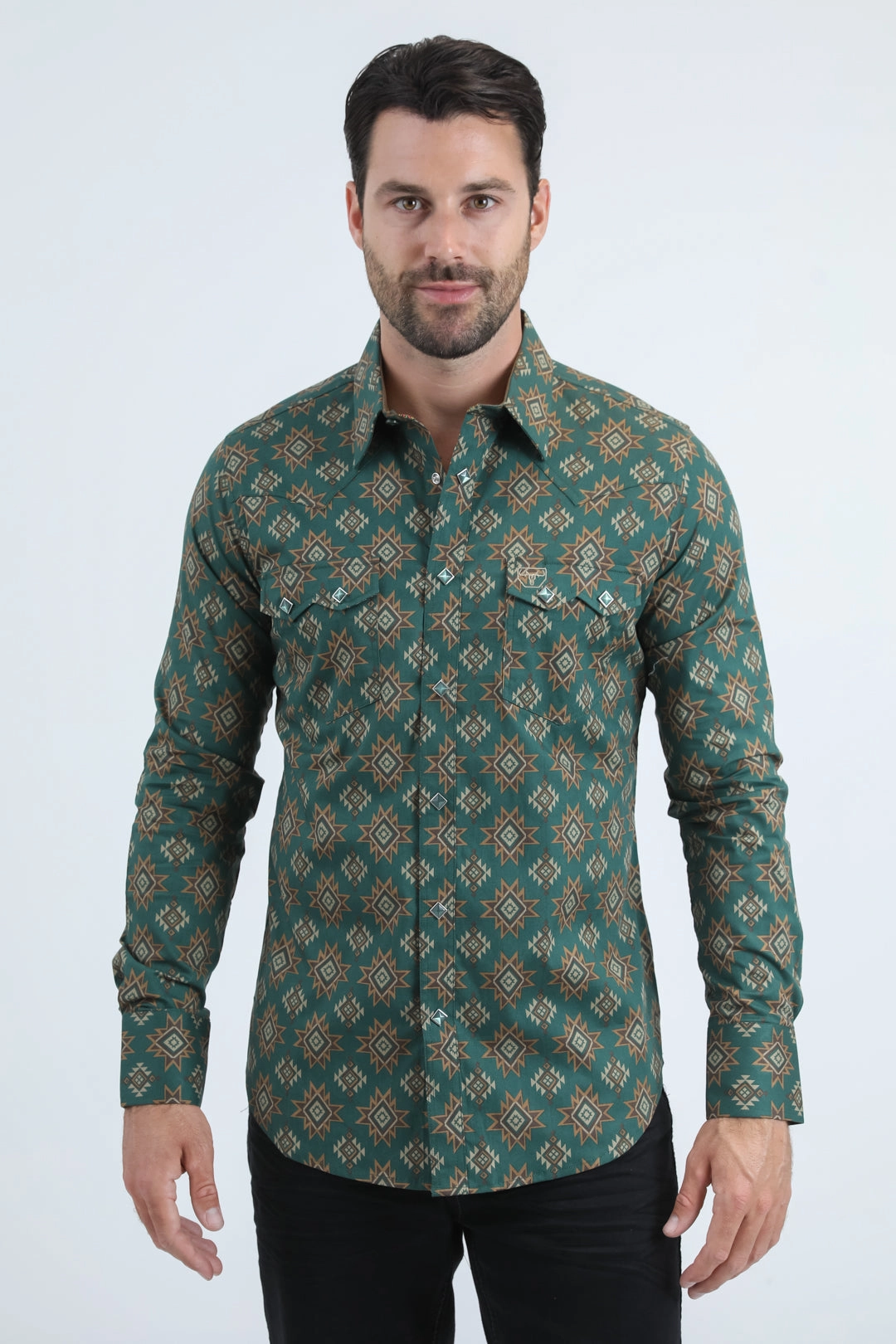 Sporty Comfort Roll-Up Sleeve Mens Western Modern Fit Cotton/Spandex Long Sleeve Green Shirt with Snaps