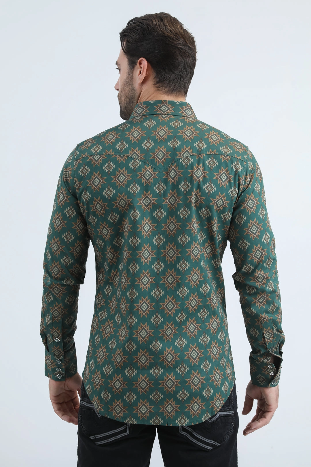 Mens Western Modern Fit Cotton/Spandex Long Sleeve Green Shirt with Snaps Tailored Fit Anti Cling Fabric