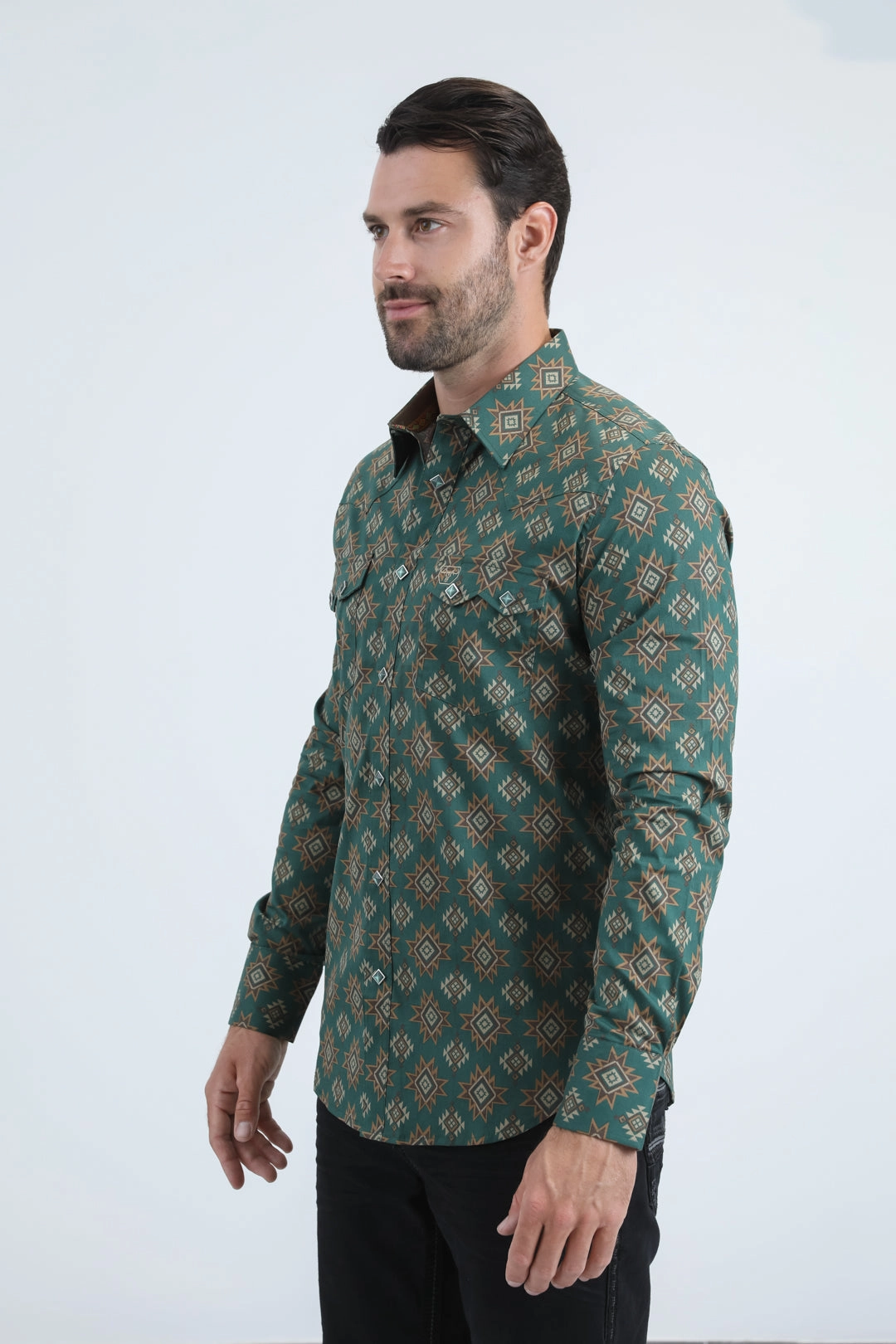 Mens Western Modern Fit Cotton/Spandex Long Sleeve Green Shirt with Snaps Vibrant Colors Everyday Layer