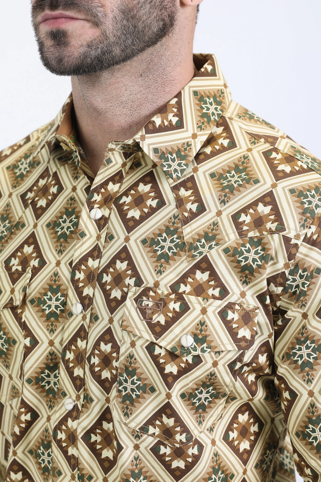 Classic Fit Mens Western Modern Fit Cotton/Spandex Long Sleeve Khaki Shirt with Snaps