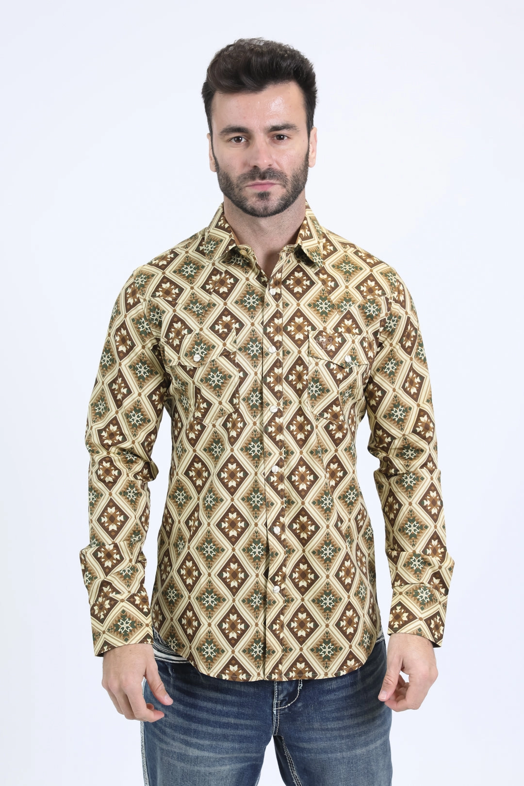 All-Ages Fit Mens Western Modern Fit Cotton/Spandex Long Sleeve Khaki Shirt with Snaps